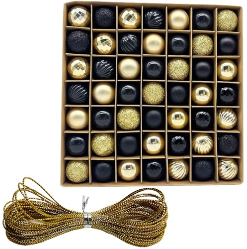 49 Pezzi Palline di Natale 3 cm con Gancio,Nero e Oro Sfere Set Palla di Natale,Palline per Albero di Natale Piccole Decorazioni