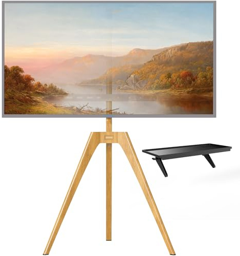 PUTORSEN Easel TV Stand Tripod for Universal TV 45-65 inch, Solid Wood TV Floor Mount Stand with Media Shelf, Height Adjustable and Swivel TV Stand Support up to 88l, Max VESA 400x400mm