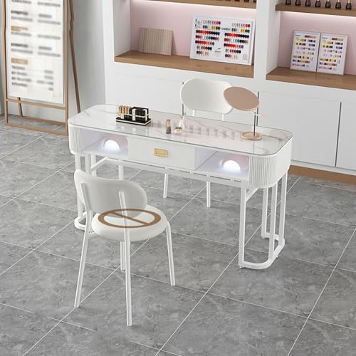 FORRTY Table De Manucure Bureau Ongles avec Tiroirs, Station De Manucure Plateau Verre for Techniciennes, Bureau Salon & Spa Maison, Poste De Travail, Étude, Table Réunion(120cm(47.2))