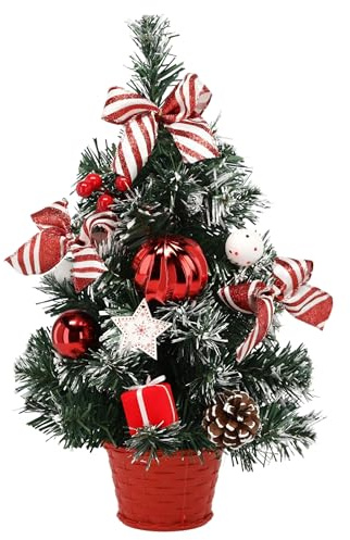 PEQUEÑO Árbol de Navidad Artificial, Cubierto DE Nieve, Blanco y Rojo en Maceta Decorado (40 cm)