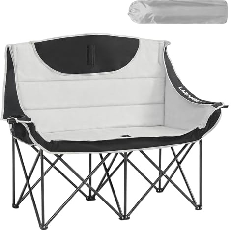 LARMNEE Campingstuhl Faltbar für 2 Personen, Campingsofa, 2 Getränkehaltern, 200 KG Belastbar, Campingcouch Dick Gepolstert Klappstuhl, inklusive Tragetasche, Grau und Schwarz EBG03LC02