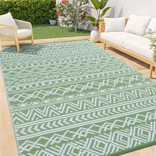 smiry Waterproof Geometric Outdoor Rug Foldable Garden Rugs, 240x300 cm | Lightweight Reversible Garden Awning Carpet UV Resistant Area Rugs for Camping, Decking, Picnic, Backyard - Green & White