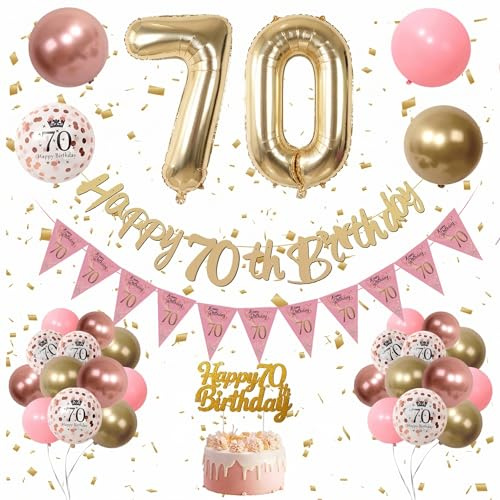 70th Birthday Women Decoration - Retro Pink and Gold Balloons, Confetti, Number 70 Foil Balloons for Woman Celebration