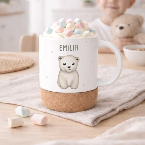 hellomini Personalisierte Tasse mit Korkboden für Kinder, Kindertasse mit Wunschdruck, Kinderbecher mit Namen, Geschenk zum Geburtstag, (Eisbär)