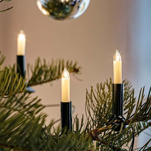 hellum Tannenbaum Lichterkette innen 10 Kleinschaftkerzen, Stecker teilbar | Made in Germany warmweiß, Lichterkette Weihnachten mit Clip, 6,30m beleuchtet, Kabel grün, für Weihnachtsbaum <59lm 831054