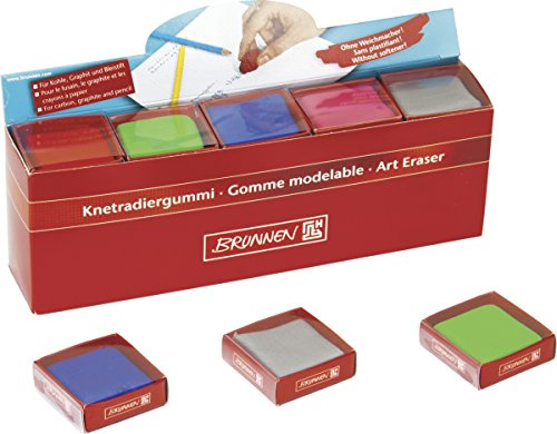 BRUNNEN 1029984 Knetradiergummi/Radierer, 3,5 x 3,5 x 1 cm, für Kohle, Graphit, Bleistift, 5 verschiedene Farben)