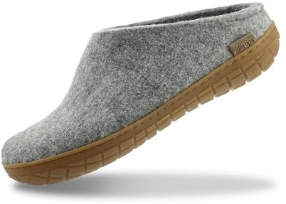 GLERUPS Slip On Hausschuhe Damen und Herren mit Gummisohle (Grau) | Unisex Slipper aus Wolle Hausschuhe Frauen Männer