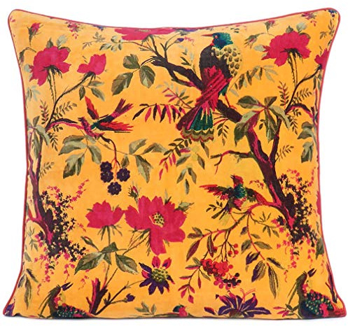 Eyes of India - 16 Yellow Orange Velvet Floral Flower Bird Decorative Pillow Throw Sofa Cushion Cover Case Couch Bohemian Accent Colorful Boho Chic Indian Handmade Cover ONLY