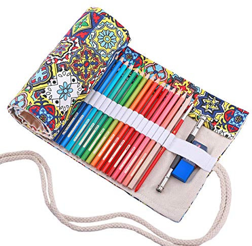 abaría - Bolsa de lápiz de Colores, pequeño Estuche Enrollable 36 lápices, portalápices de Lona, Organizador para Arte, tótem Amarillo