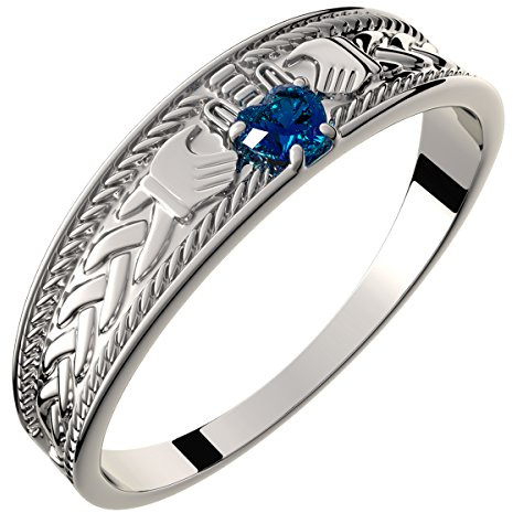 GWG Jewellery Anillo de Claddagh Plata de Ley Dos Manos Que Rodean Corazón de Piedra de Color Zafiro Azul con Corona y Decorado con Nudos Celtas Entrelazados en Caja de Regalo para Mujeres