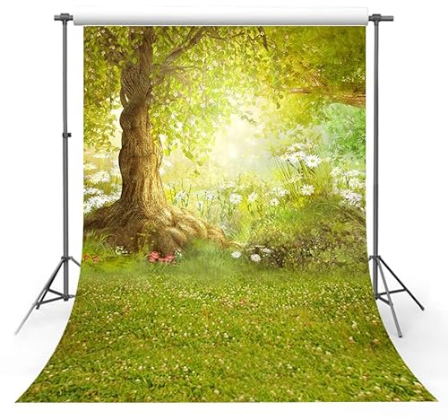 MEHOFOTO Fotohintergrund, 1,8 x 2,4 m, Motiv: Frohe Ostern, Wald, großer Baum, Wiese, Gras, weiße Blume, Märchen, Fotostudio-Kabinen-Hintergrund