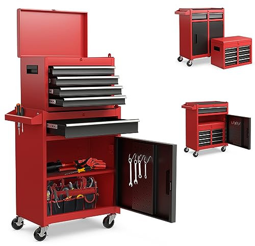 Goplus 5-Drawer Rolling Tool Chest, Tool Storage Box, Removable Tool Cabinet, Sliding Metal Organizer w/Lockable Drawers (Red+Black)