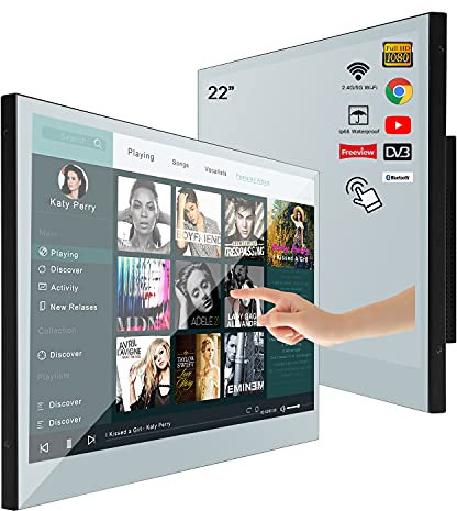 Soulaca Smart Mirror Baño TV 21.5 Pulgadas IP66 a Prueba de Agua con Pantalla táctil, Wi-Fi, Altavoces Integrados