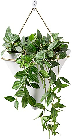 Spuik Pot de fleurs à suspendre en céramique géométrique pour décoration murale Pot de fleurs moderne simple pour plantes en pot blanc