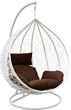 Egg Chair with Cushion Garden Swing Seat Hanging Egg Chair Indoor Outdoor Seating Garden Egg Chairs with Sturdy Steel Frame Reading Chairs Garden Patio Lounge Hanging White Chair Brown Cushion
