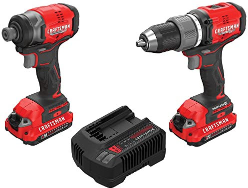 CRAFTSMAN V20 RP Taladro inalámbrico y destornillador de impacto, kit combinado de herramientas eléctricas, 2 baterías y cargador incluidos (CMCK211C2)
