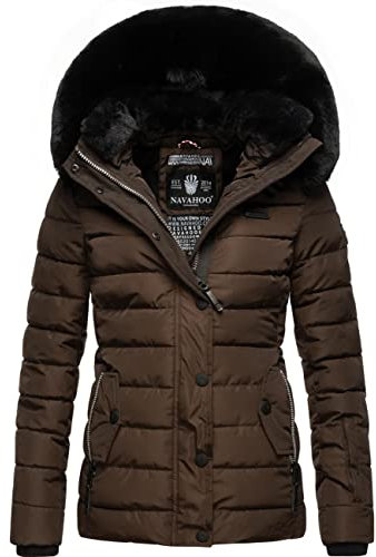 Navahoo Damen warme Winter Steppjacke mit Abnehmbarer Kunstfell-Kapuze Milianaa Dark Choco Gr. S