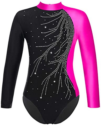 iEFiEL Kinder Mädchen Turnanzug Langarm Gymnastikanzug Glitzer Ballett Trikot Tanzkleidung Trainingsanzug Leotard Sportanzug T Rose 134-140