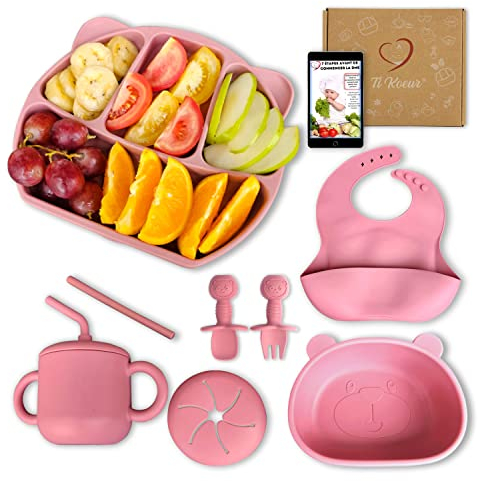 Ti Koeur Vaisselle Silicone Repas Bébé couvert bebe, 6pcs Assiette ventouse pour bébé, Bol ventouse, Bavoir, verre bebe, cuillere bebe 1er age fourchette enfant, cadeau bebe coffret naissance DME