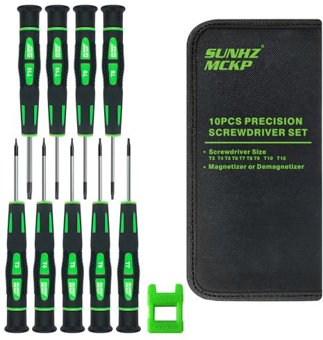 SUNHZMCKP - Juego de 10 destornilladores Torx de precisión, kit de herramientas de reparación de destornilladores magnéticos de estrella pequeña de T3-T15 con desmagnetizador/magnetizador, para gafas