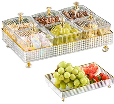HoveeLuty Geteilte Servierschale Set Transparentes Obstschale Mit Deckel Rechteck 6 Gitter Fruchtschüsselkasten Set Servierschale Geteilte Nussschale Plastikdesserts Servierplatte Snack Candy Tably