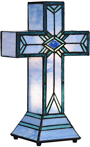 Bieye L30815 Lateinisches Kreuz, Tischlampe im Tiffany-Stil, Buntglas, Nachtlicht, 21,6 cm B x 33 cm H, blau