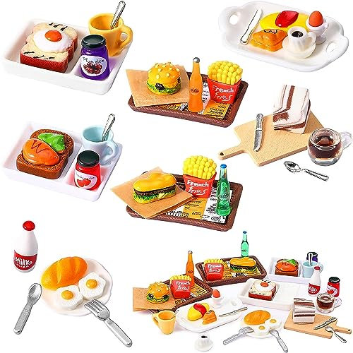 Zecouk Miniatur Lebensmittel Puppenhaus Weihnachten, Wichtel , Eier, Jam, Brot, Hamburger, Kuchen, Milch, Kaffee, 1:12 Küche Zubehör und Geschirr Set, Holz