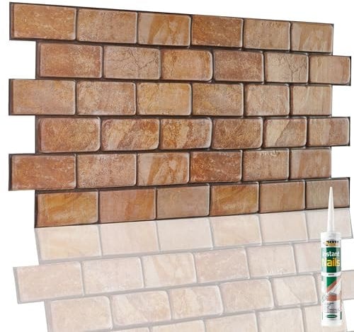 NOVECRAFTO Rustic Brick Effect 3D Wall Panels - 4 Sheets 1.84 sqm | 19.84 sqft - Decorative PVC Plastic Cladding Panels - 96 cm x 48 cm | 37.80 x 18.90 in - Header Bond Light Brown Rustic Brick