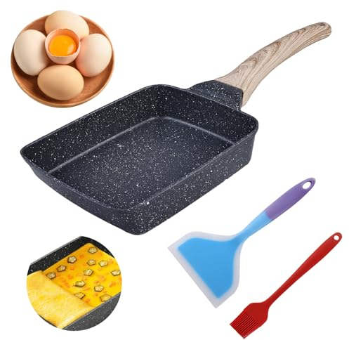 HOMURY Poêle Tamagoyaki avec Spatule et Brosse en Silicone: Poêle Japonaise Antiadhésive pour Toutes Sources De Chaleur, Noir, 18 x 15 cm