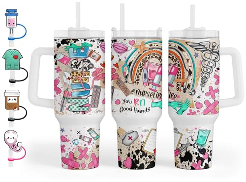 Fancyfams 40 oz Stainless Steel Travel Tumbler with Handle, Lid, and Straw, Nurse Gifts for Women Nursing Student, Practitioner, Registered Rn, Lpn Cool Appreciation Cup Mug (Nurse Life set - 40oz)