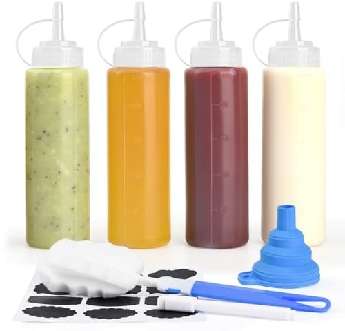 V·Colokishi Lot de 4 bouteilles à condiments en plastique pour sauce, condiments - Distributeur d'huile pour ketchup, sauce, barbecue, grillades, vinaigrette, miel, peinture et travaux manuels
