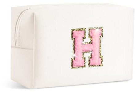 SEFORICO Petite trousse de maquillage pour femme – Trousse de maquillage en cuir imperméable A-Z personnalisée sac à main portable de voyage pour femme, blanc, H