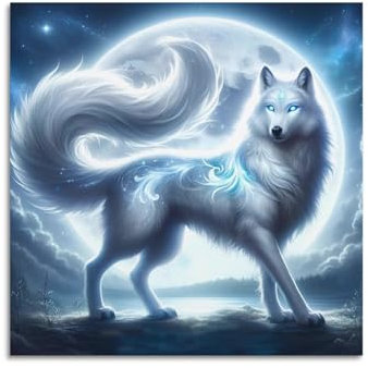 FYRCO Tierkunst-Poster, mythologische Tierwölfe des Silbermonds, dekoratives Gemälde, Leinwand-Poster, 60 x 60 cm