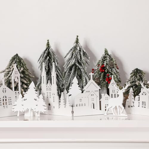 Colingmill 81,3 cm große Weihnachtstischdekoration aus Holz, Weihnachtsmotiv, weiß, Kirche, Weihnachtsbaum und Elch, Schilder, Bauernhaus, Tafelaufsatz für Zuhause, Küche, Tisch, Regal, Dekoration