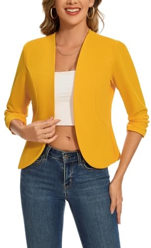 MINTLIMIT Women's Suits & Blazers Cropped 3/4 Ruched Sleeve Jackets Elegant Linen Open Front Suit (Yellow M)