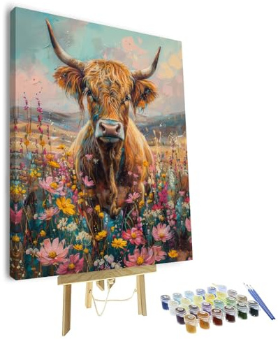 TISHIRON Malen Nach Zahlen Erwachsene, Paint by Numbers Malen Nach Zahlen, DIY Schottische Hochland Kühe mit Pinseln und Acrylfarben Handgemalt Ölgemälde Leinwand für Home Decor -Mit Rahmen (40x50cm)