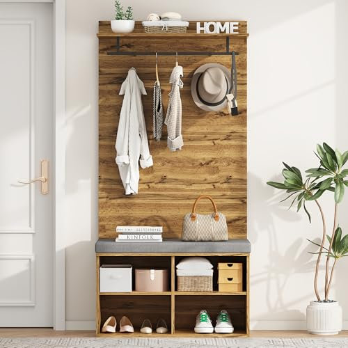 SogesHome Garderobe Set Flurgarderobe mit gepolsterter Aufbewahrungsbank Schuhschrank mit Stecktafel 4 Haken für Flur Eingangsbereich,100x35x180 cm (Oak)