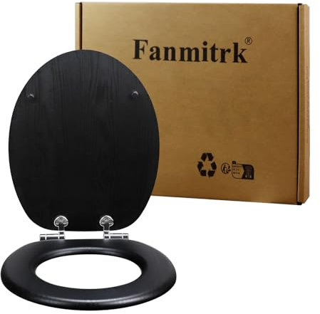 Fanmitrk Wooden Black Toilet Seat with Soft Close Adjustable Solid Hinges, MDF Wood Oval Toilet Seat (JHE1889-01)
