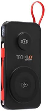 Technaxx Powerbank 3in1 wireless da 10000 mAh a ricarica rapida, Technaxx TX-315 pacco batteria portatile, Caricabatterie magnetico wireless per smartphone (15W) e smartwatch (3W), porte USB-A, Type-C
