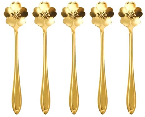 Golden Sakura Teaspoon Set – 5-Piece Floral Gold Dessert & Tea Spoons – Japanese Style Stainless Steel Cutlery for Coffee, Tea, Desserts