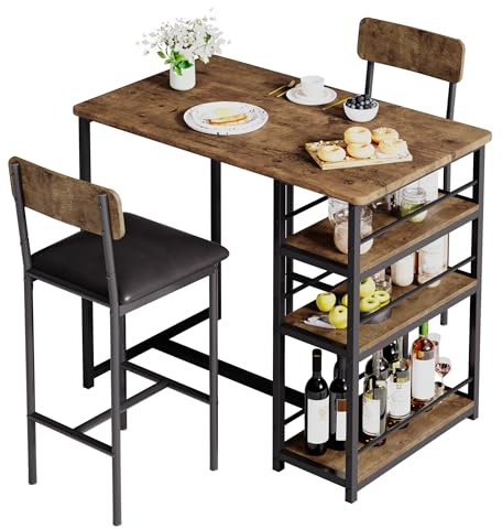 OPULENTHOME Esstisch-Set für 2, Bartisch und Stühle für 2, Küchentisch-Set mit 2 Gepolsterten Stühlen, 3 Große Ablageflächen, Kneipentisch-Set für Kleinen Raum,Wohnung,Frühstück,Braun 91x50x91cm