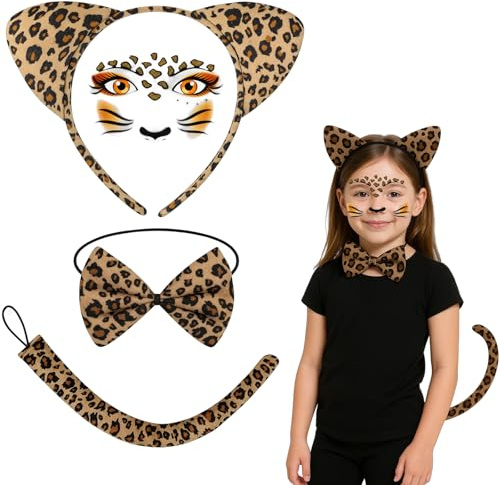 BaiDekun Leopard Kostüm Set Damen Kinder, Leopard Ohren Stirnband mit Fliege und Schwanz, Gesicht Aufkleber Tier Make-up, Katzenkostüm Zubehör für Halloween Karneval Cosplay Party