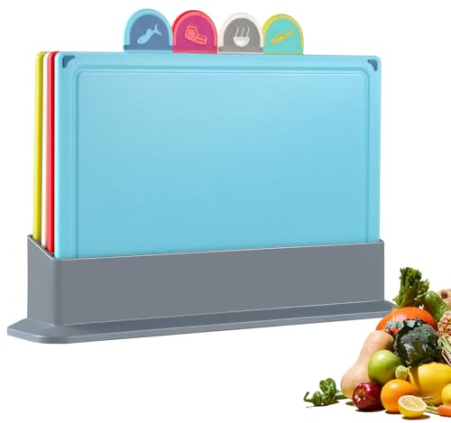 Hunnycook Set di taglieri in plastica, 4 taglieri colorati per cucina con supporto (30 x 20 x 0,5 cm), scanalature per succo e piedini antiscivolo, senza BPA, per carne, pane, frutti di mare e frutta
