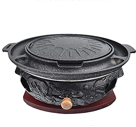 Multifunktionale Kohlegrill, BBQ-Grill, rauchfreier Holzkohle-Gusseisen mit Maifan-Stein-Backblech und Grillnetz for drinnen und draußen(J)