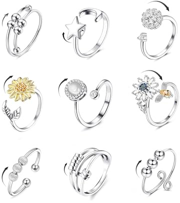Krfy Anti Stress Ring für Damen Spinner Anxiety Ring Fidget Ringe | Verstellbar Stapelbare Antistress Ring Sonnenblumen Zirkonia Anxiety Ring set Anti-Angst Ring Damen Geburtstags Geschenkel