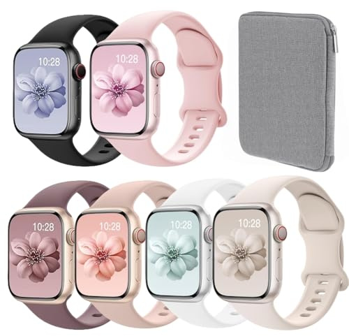 6 Pièces Bracelet en Silicone Compatible avec Bracelet Apple Watch 40mm 44mm 42mm 46mm 41mm 45mm 38mm 49mm Femme Homme, Sport Compatible avec Apple Watch Serie 11 10 9 8 7 6 5 4, SE 3 2 1