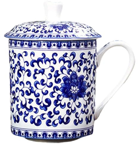 AwnsIMfreien Ceramic Mug with Lid, Chinese Tea Cups, 500ml Large Capacity Ceramic Blue and White Elegant Tea Mug with Lid and Handle for Loose Leaf Home Office
