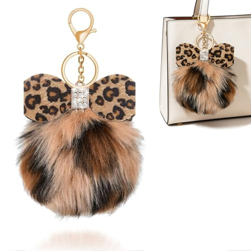 Floruvia Leopard Faux Fur Schlüsselanhänger, Plüsch Schlüsselanhänger für Handtaschen, Leopard Druck, Charm für Autoschlüssel, Tasche, Rucksack (7 * 15.7cm)