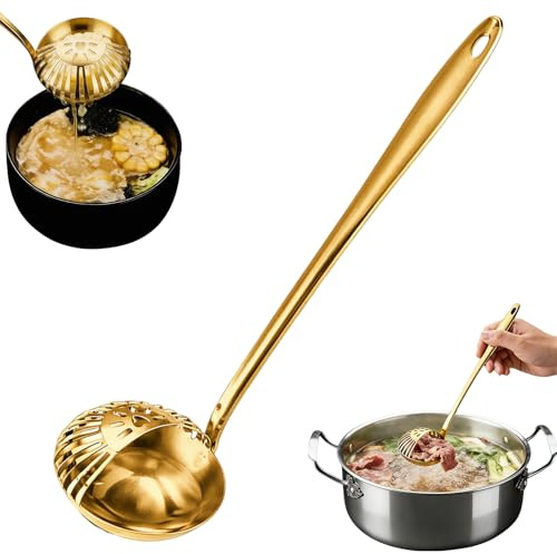 Stainless Steel Separator Ladle, Multifunctional Soup Oil Fat Separator Spoon, Heat-Resistant Gravy Strainer Ladle for Kitchen Healthy Cooking (Gold-A)