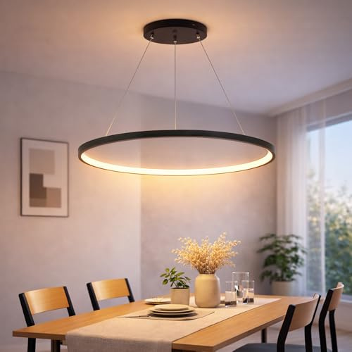 GSALDY LED Pendelleuchte Esstisch Hängelampe Ring 22W Schwarz 60cm | Hängeleuchte Mit 3 Farbtemperaturen Modern Aluminium Kronleuchter Hängend 160cm Höhenverstellbar Für Esstischlampe Küchen